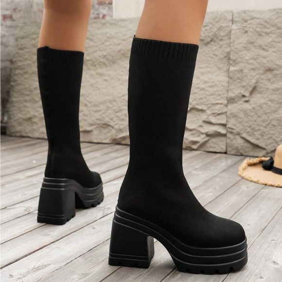Women's Casual Knitted High Heel Thick Sole Fashion Boots, Elastic Over-the-knee - Picture 6 of 6